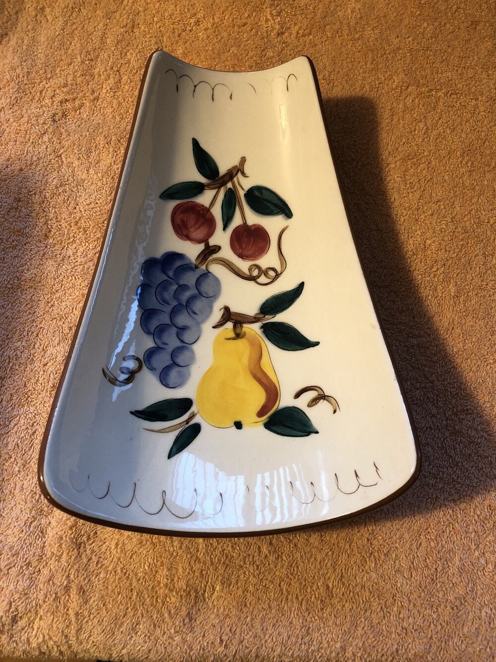 Vintage Stangl Fruit Brown Trim Curved Relish Dish 11" Hand Painted USA